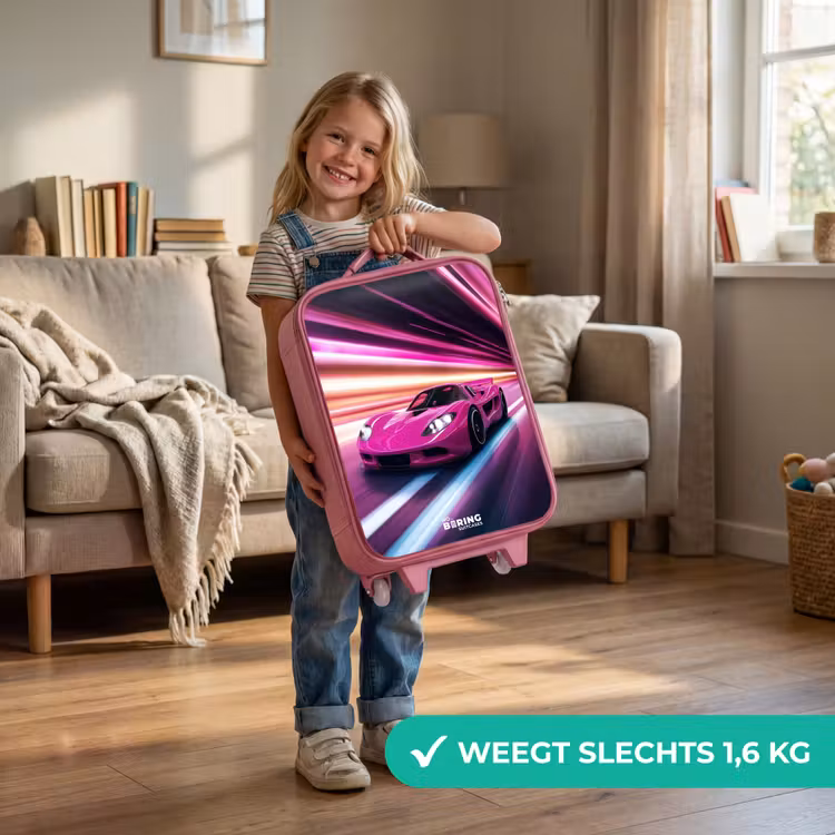 Roze raceauto flitst door neonlicht Kinderkoffer - Roze klein -sfeer2_NL
