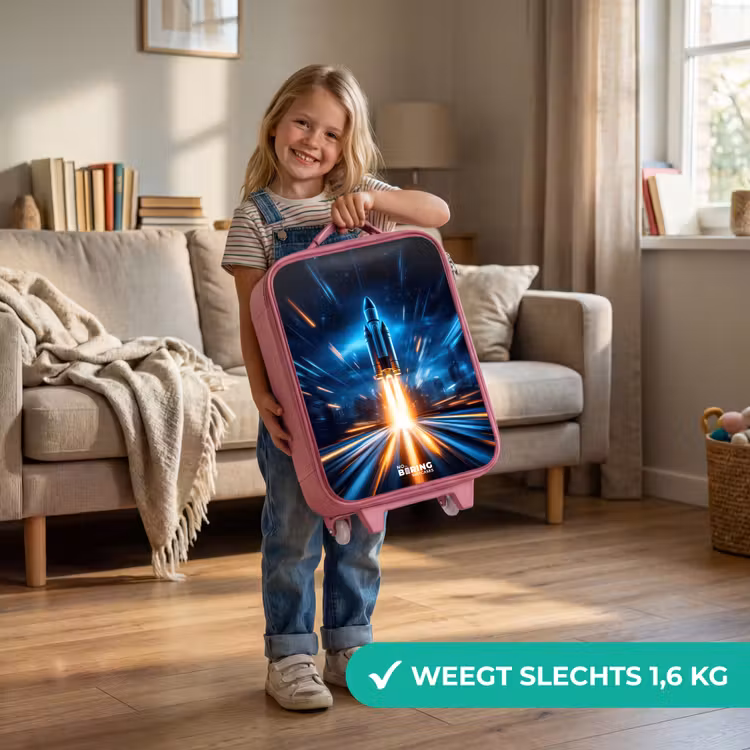 Ruimteraket stijgt op in nachtelijk lichtspektakel Kinderkoffer - Roze klein -sfeer2_NL
