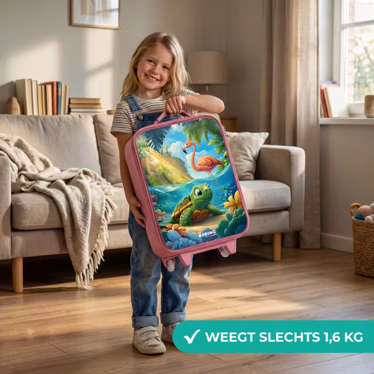 Schildpad in tropisch water met flamingo Kinderkoffer - Roze klein -sfeer2_NL