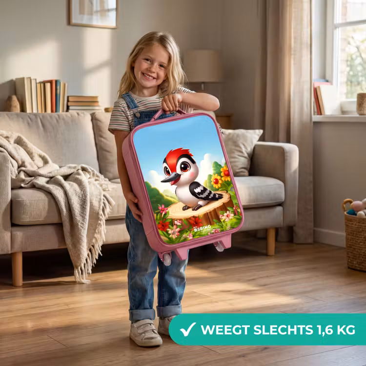 Specht op en boomstronk Kinderkoffer - Roze klein -sfeer2_NL