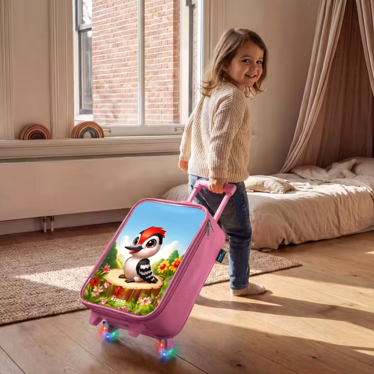 Specht op en boomstronk Kinderkoffer - Roze klein -sfeer1
