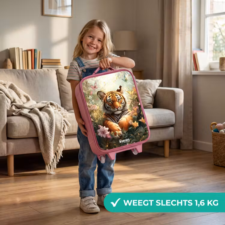 Tijger in bloemenveld met vlinders en zonlicht Kinderkoffer - Roze klein -sfeer2_NL