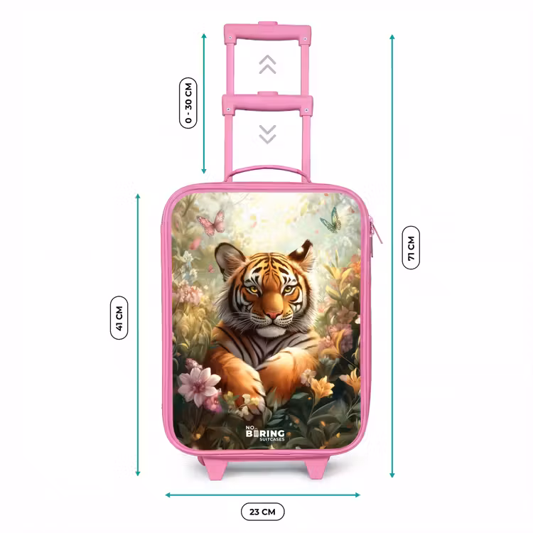 Tijger in bloemenveld met vlinders en zonlicht Kinderkoffer - Roze klein -productfoto_formaten