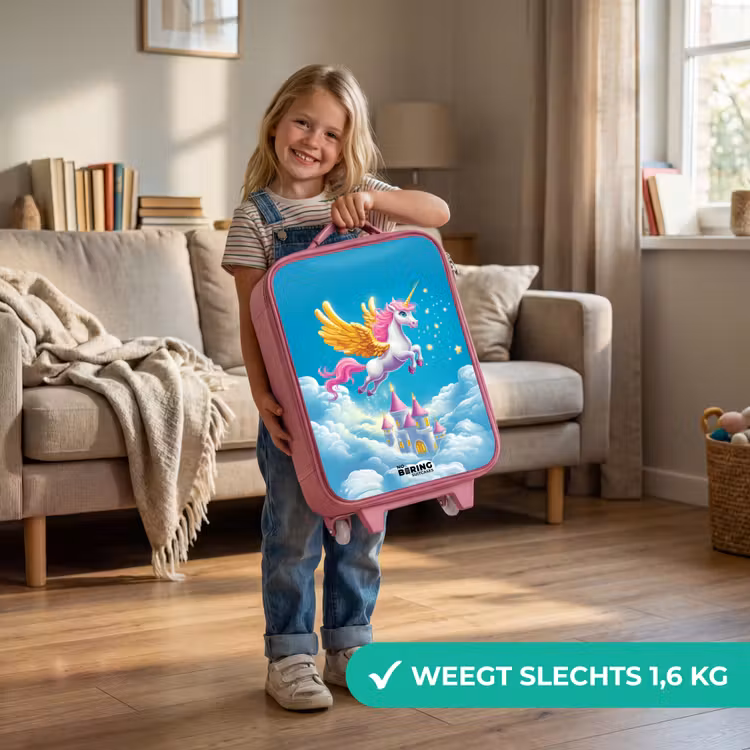 Vliegende eenhoorn met gouden vleugels boven kasteel Kinderkoffer - Roze klein -sfeer2_NL