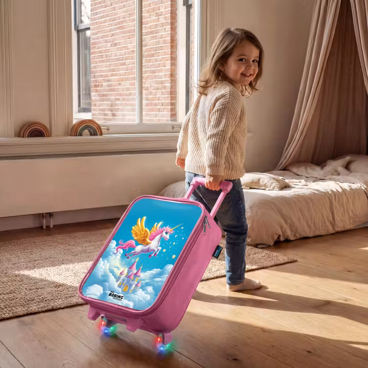 Vliegende eenhoorn met gouden vleugels boven kasteel Kinderkoffer - Roze klein -sfeer1
