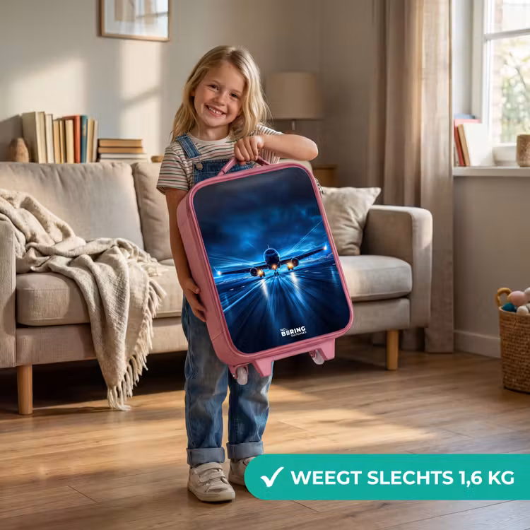 Vliegtuig opstartend in futuristisch nachtlandschap Kinderkoffer - Roze klein -sfeer2_NL