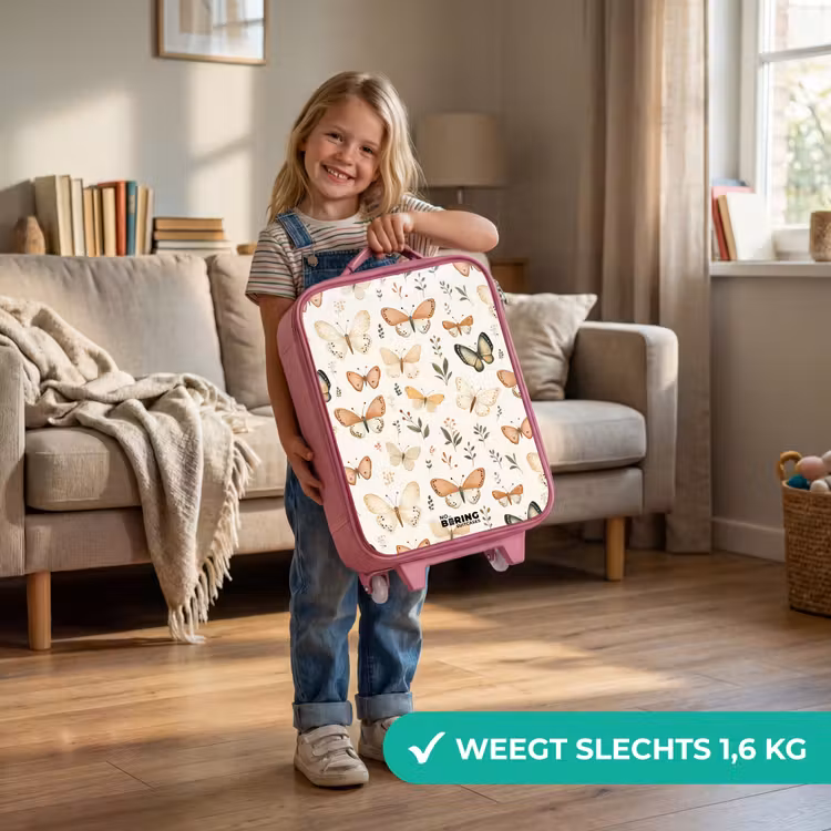 Vlinders in beige en oranjetinten tussen groene blaadjes Kinderkoffer - Roze klein -sfeer2_NL