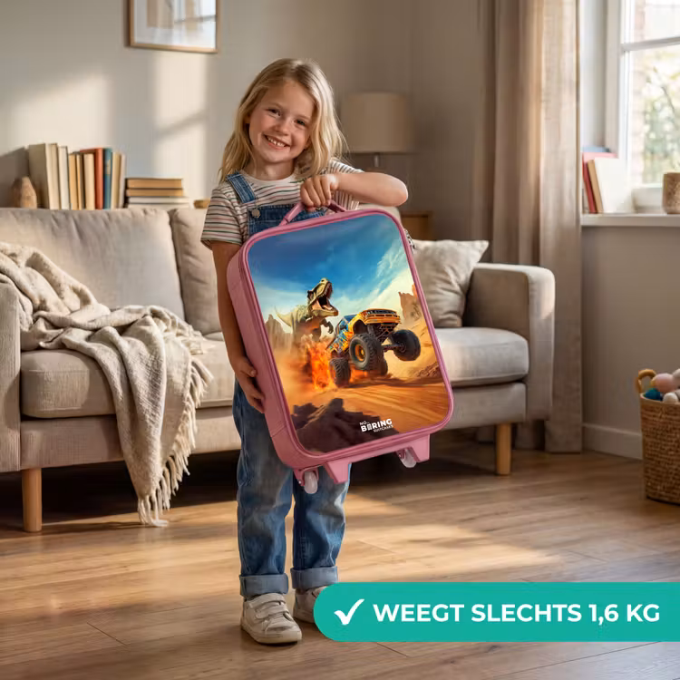 Vluchtende truck voor T-Rex in vurige woestijn Kinderkoffer - Roze klein -sfeer2_NL