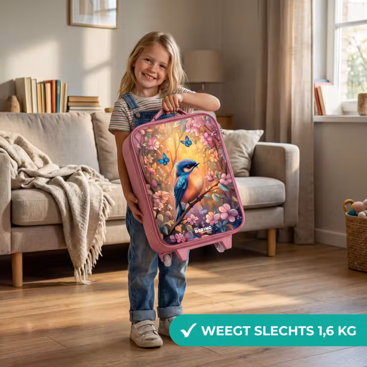 Vogel met vlinders in kleurrijk bos. Kinderkoffer - Roze klein -sfeer2_NL