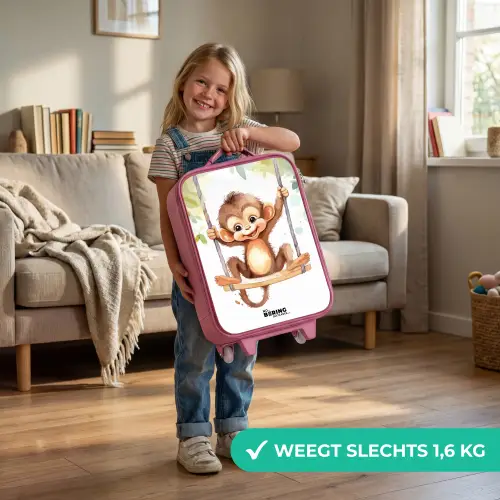 Vrolijk aapje op een schommel illustratie Kinderkoffer - Roze klein -sfeer2_NL
