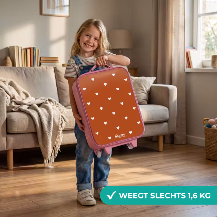 Wit hartjespatroon op oranje bruine achtergrond Kinderkoffer - Roze klein -sfeer2_NL