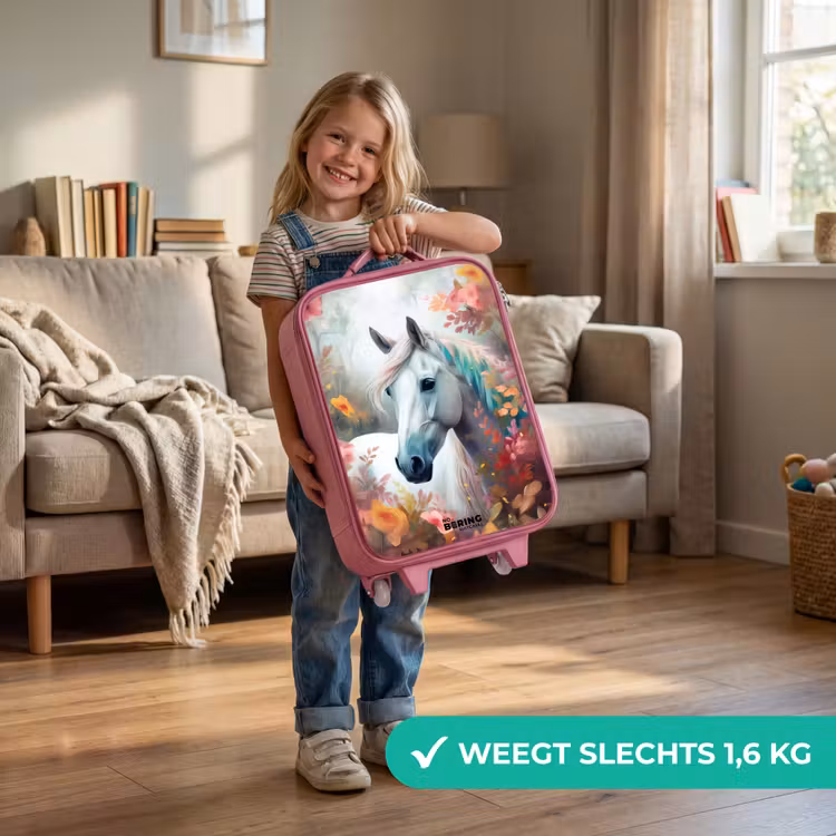 Wit paard omringd door bloemen Kinderkoffer - Roze klein -sfeer2_NL