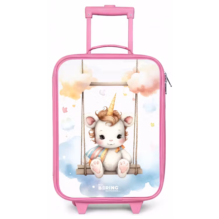 Witte baby eenhoorn op een schommel in de wolken Kinderkoffer - Roze klein -zz3dotto