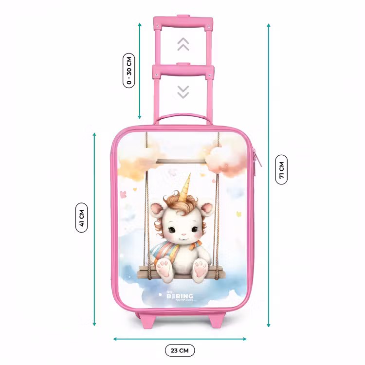 Witte baby eenhoorn op een schommel in de wolken Kinderkoffer - Roze klein -productfoto_formaten