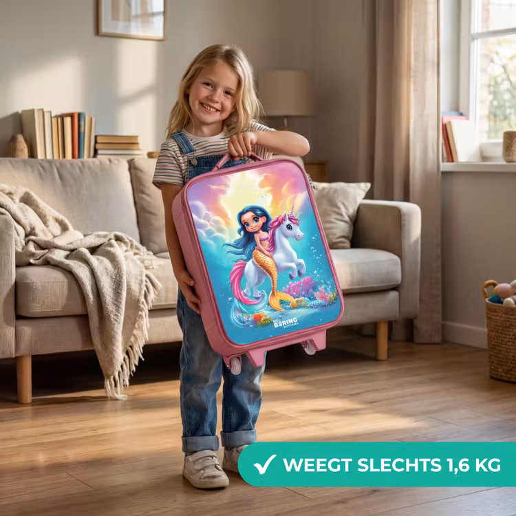 Zeemeermin met gouden staart met een witte eenhoorn Kinderkoffer - Roze klein -sfeer2_NL