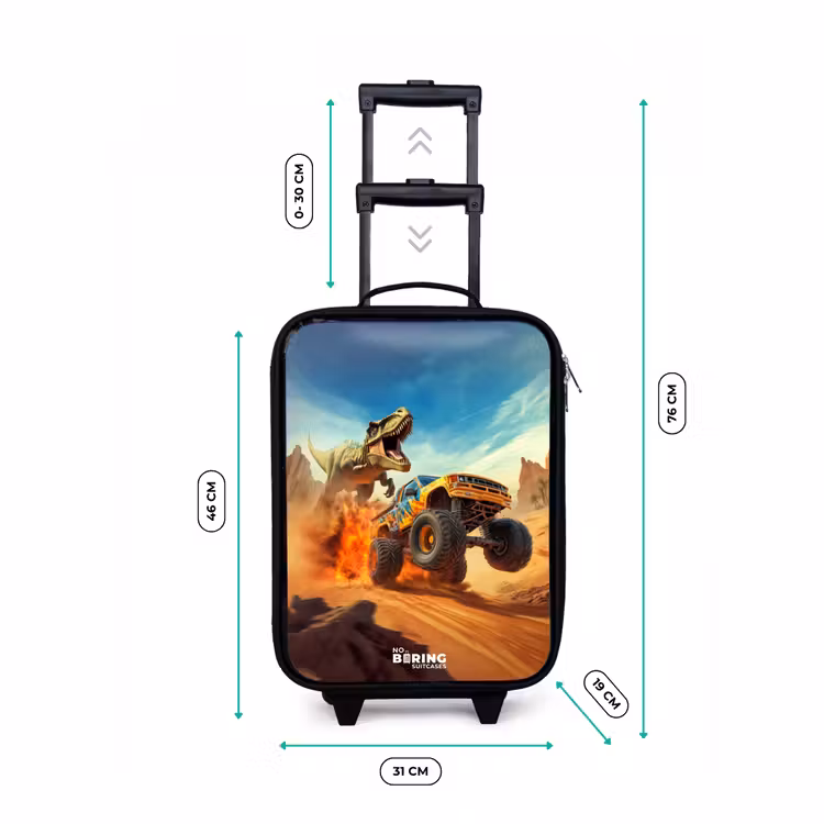 Vluchtende truck voor T-Rex in vurige woestijn Kinderkoffer - Zwart klein -productfoto_formaten