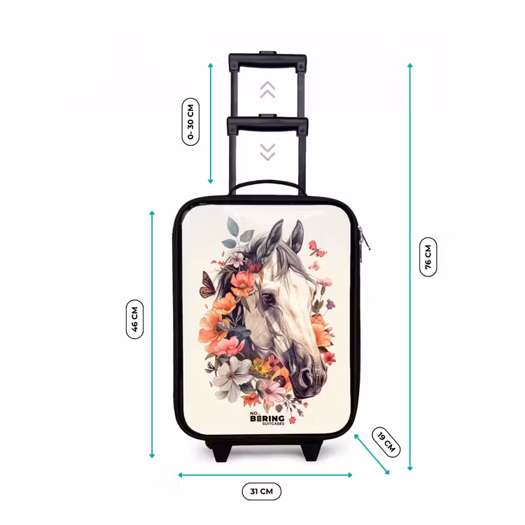 Wit paardenhoofd omringd door bloemen en vlinders Kinderkoffer - Zwart klein -productfoto_formaten