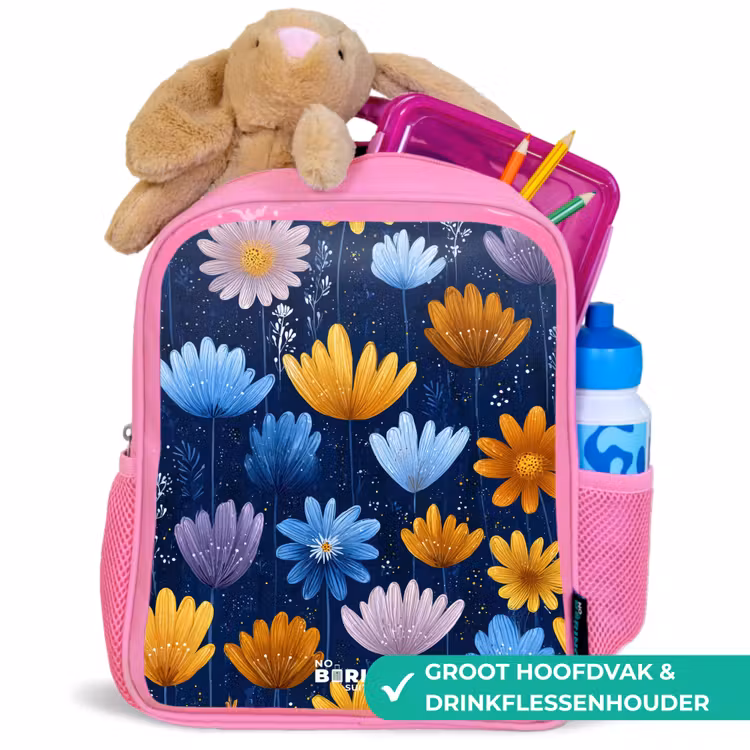 Bloemen op een donkerblauwe achtergrond Kinderrugzak - Roze middel -inhoud_NL