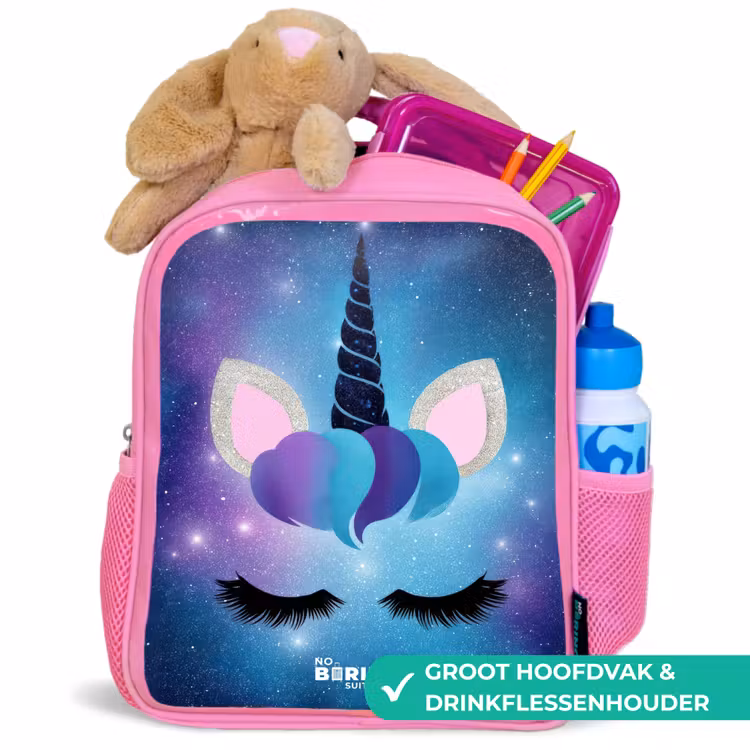 Eenhoorn op een sterrenhemel achtergrond Kinderrugzak - Roze middel -inhoud_NL