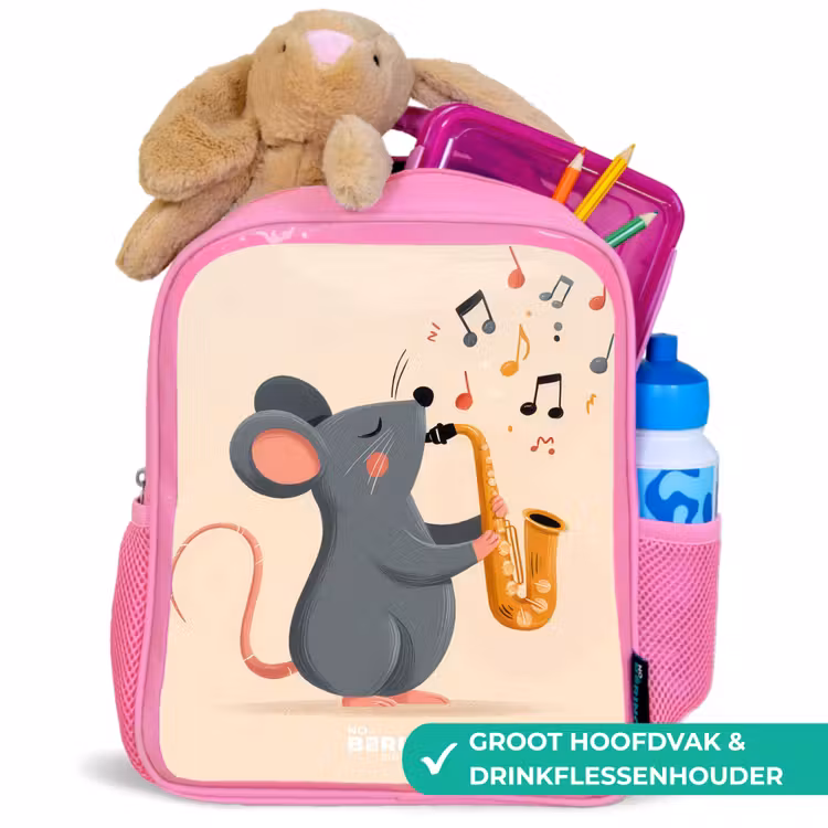 Muis - Saxofoon - Muziek Kinderrugzak - Roze middel -inhoud_NL