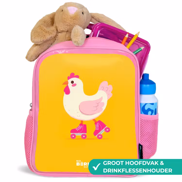 Kip - Rolschaatsen - Geel Kinderrugzak - Roze middel -inhoud_NL