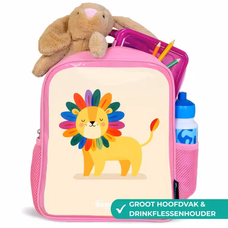 Leeuw - Manen - Kleurrijk Kinderrugzak - Roze middel -inhoud_NL