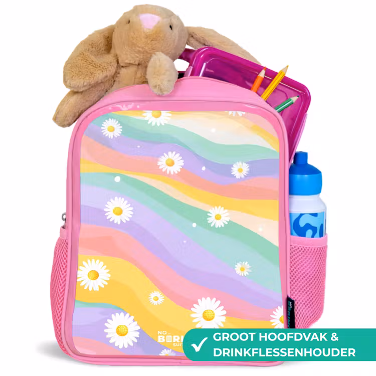 Madeliefjes op regenboogachtergrond Kinderrugzak - Roze middel -inhoud_NL