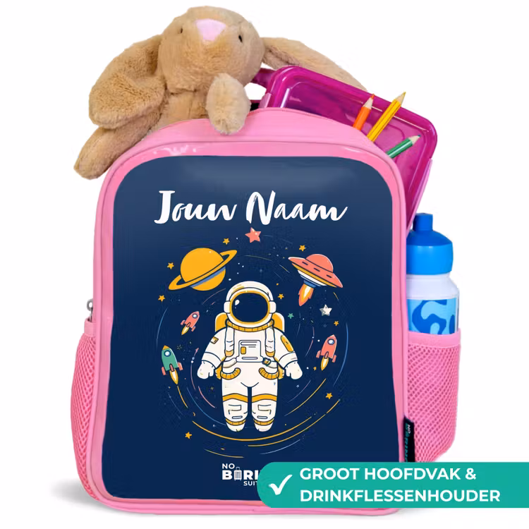 Astronaut - Planeet - Sterren - Raket Kinderrugzak - Roze middel -inhoud_NL