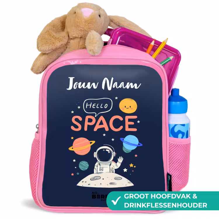 Astronaut - Quote - Planeten - Sterren Kinderrugzak - Roze middel -inhoud_NL