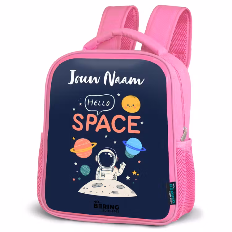 Astronaut - Quote - Planeten - Sterren Kinderrugzak - Roze middel -schuin