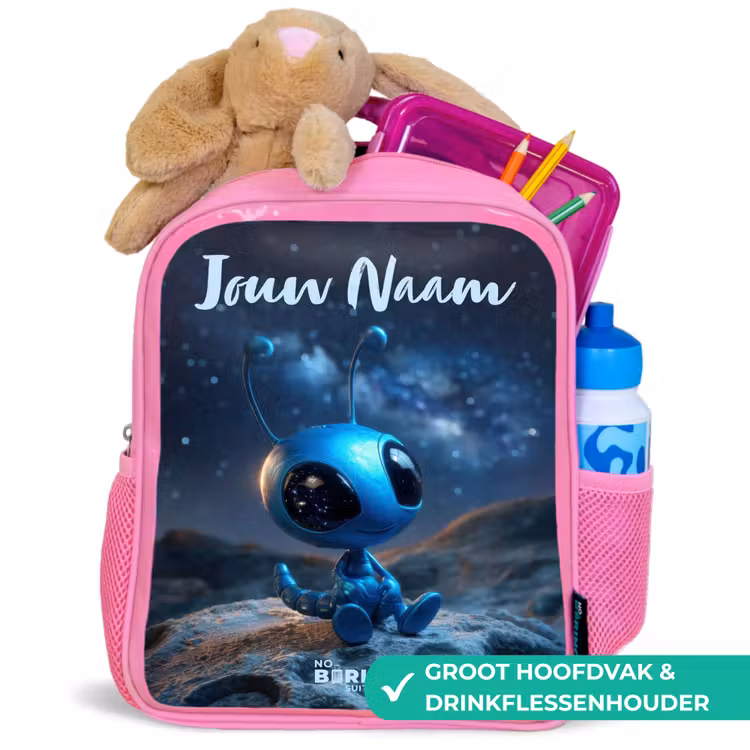 Blauw buitenaards wezentje onder sterrenhemel Kinderrugzak - Roze middel -inhoud_NL