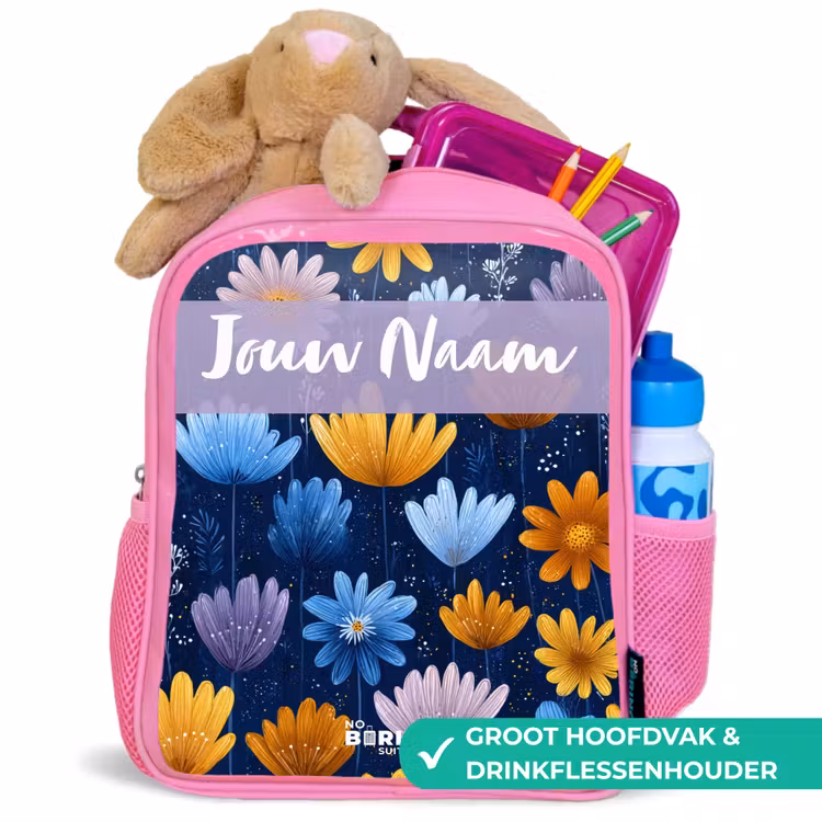 Bloemen - Patroon - Blauw Kinderrugzak - Roze middel -inhoud_NL