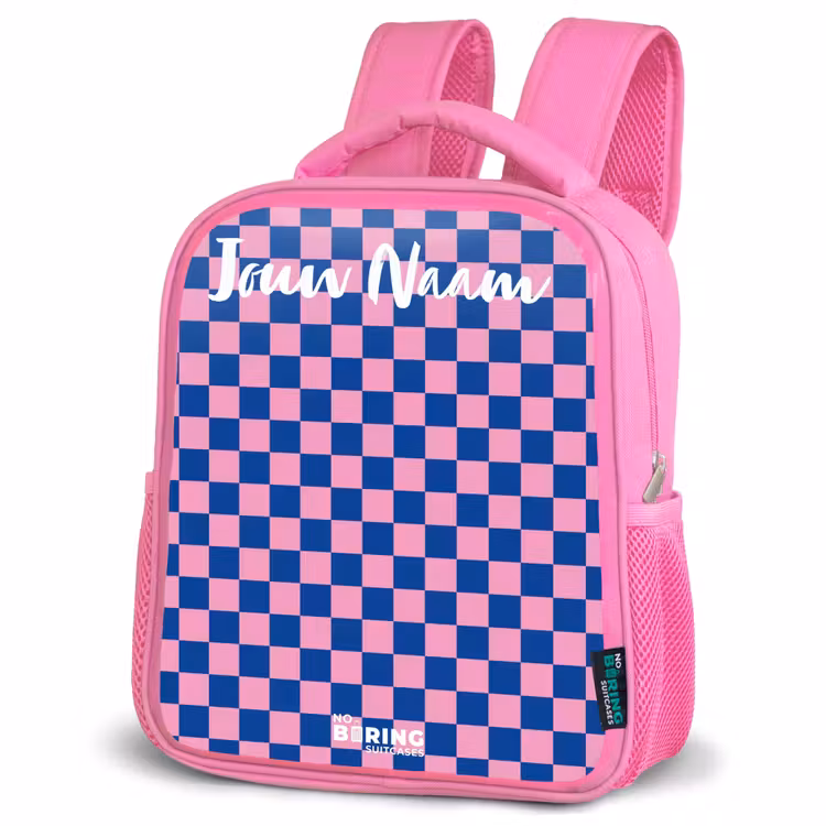 Blokjes - Blauw - Roze Kinderrugzak - Roze middel -schuin