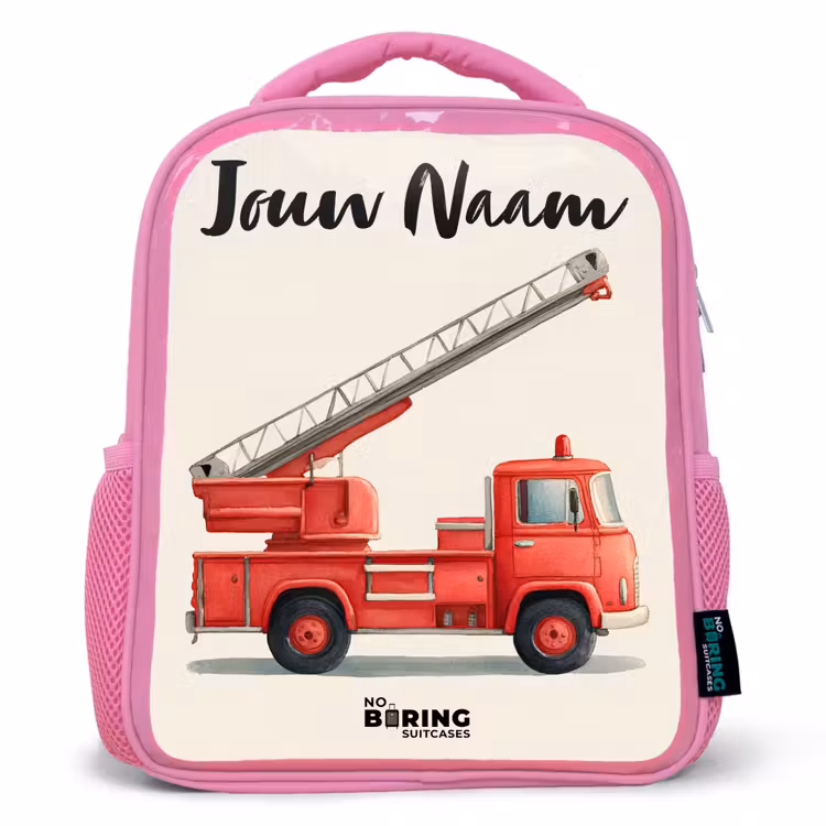 Brandweerwagen - Getekend - Rood Kinderrugzak - Roze middel -3d