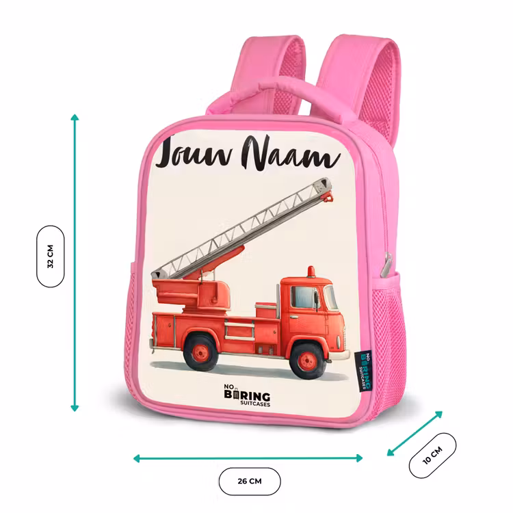 Brandweerwagen - Getekend - Rood Kinderrugzak - Roze middel -productfoto_formaten
