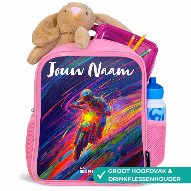 Crossmotor - Neonkleuren - Lijnen - Helm Kinderrugzak - Roze middel -inhoud_NL
