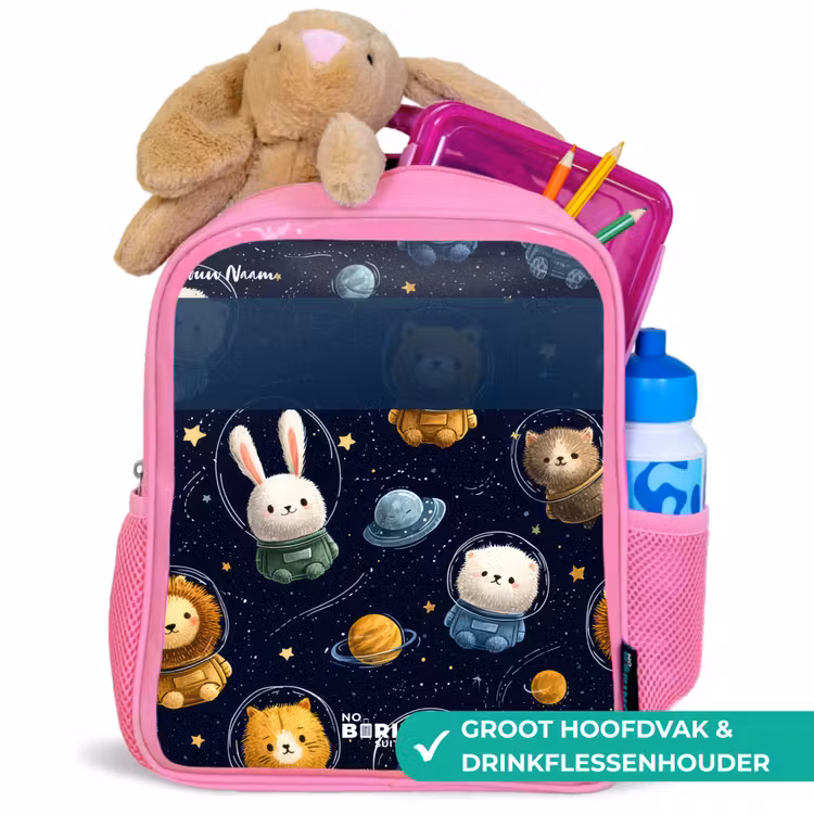 Dieren - Astronaut - Planeten - Sterren Kinderrugzak - Roze middel -inhoud_NL