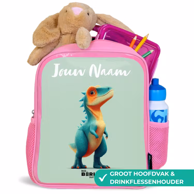 Dino - Dier - Groen - Oranje Kinderrugzak - Roze middel -inhoud_NL