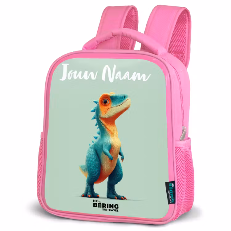 Dino - Dier - Groen - Oranje Kinderrugzak - Roze middel -schuin