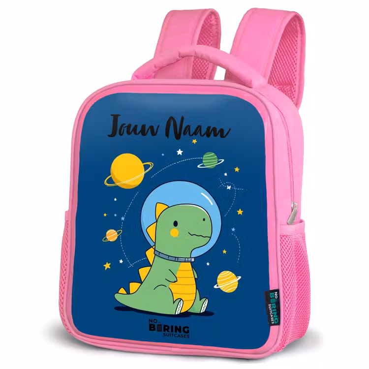 Dino - Planeet - Ster - Blauw Kinderrugzak - Roze middel -schuin