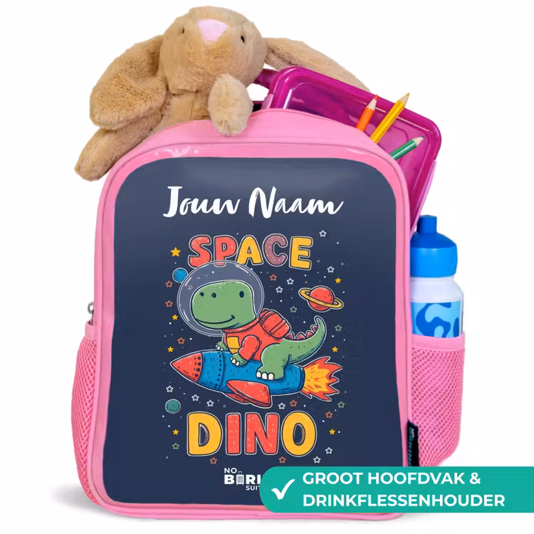 Dinosaurus - Groen - Raket - Sterrenhemel Kinderrugzak - Roze middel -inhoud_NL