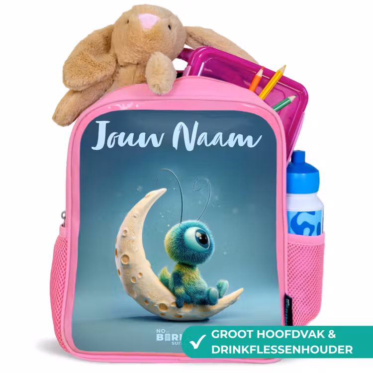 Dromerig Wezentje op de Maan Kinderrugzak - Roze middel -inhoud_NL