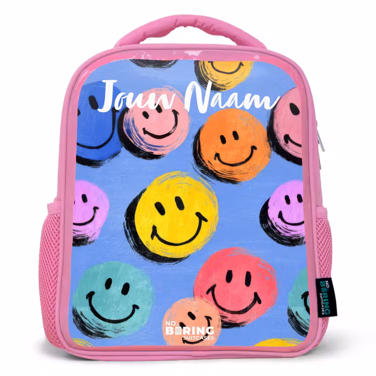 Een speels en kunstzinnig patroon van kleurrijke smileys Kinderrugzak - Roze middel -3d