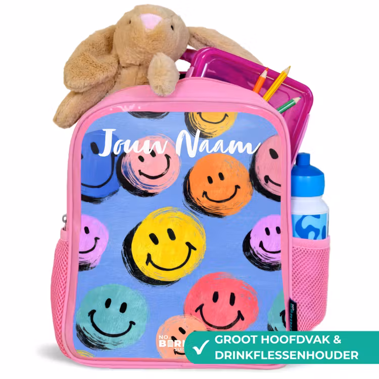 Een speels en kunstzinnig patroon van kleurrijke smileys Kinderrugzak - Roze middel -inhoud_NL