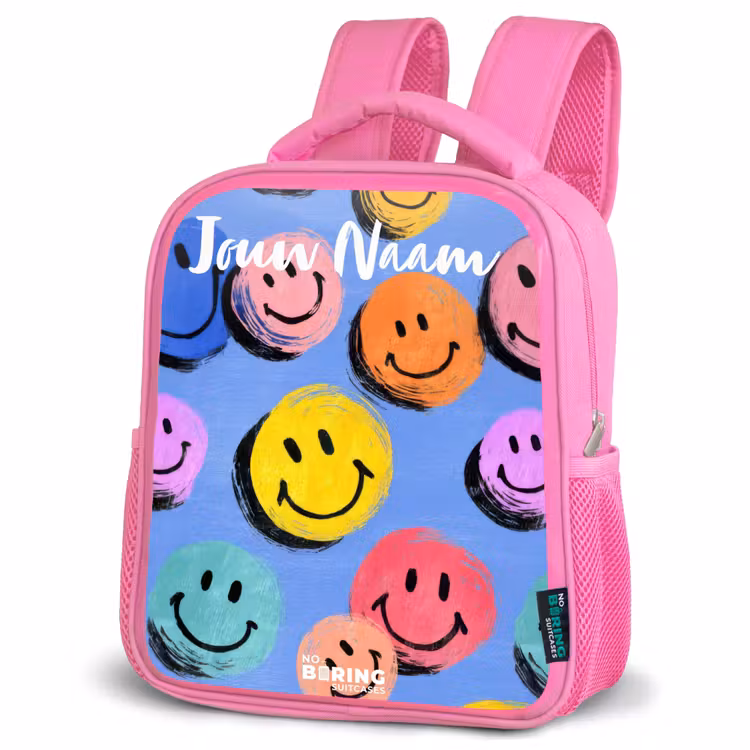 Een speels en kunstzinnig patroon van kleurrijke smileys Kinderrugzak - Roze middel -schuin