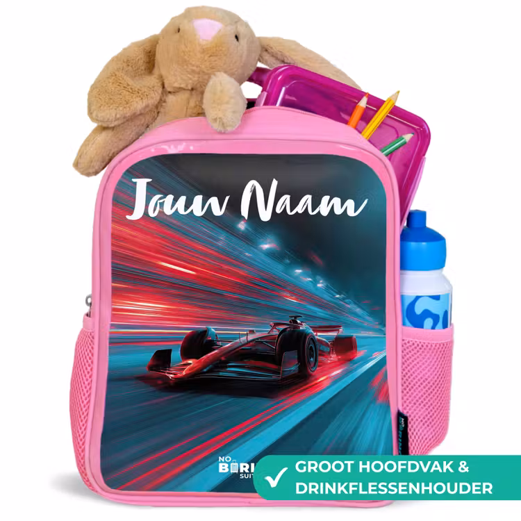 Formule 1 - Raceauto - Rood - Neonverlichting Kinderrugzak - Roze middel -inhoud_NL
