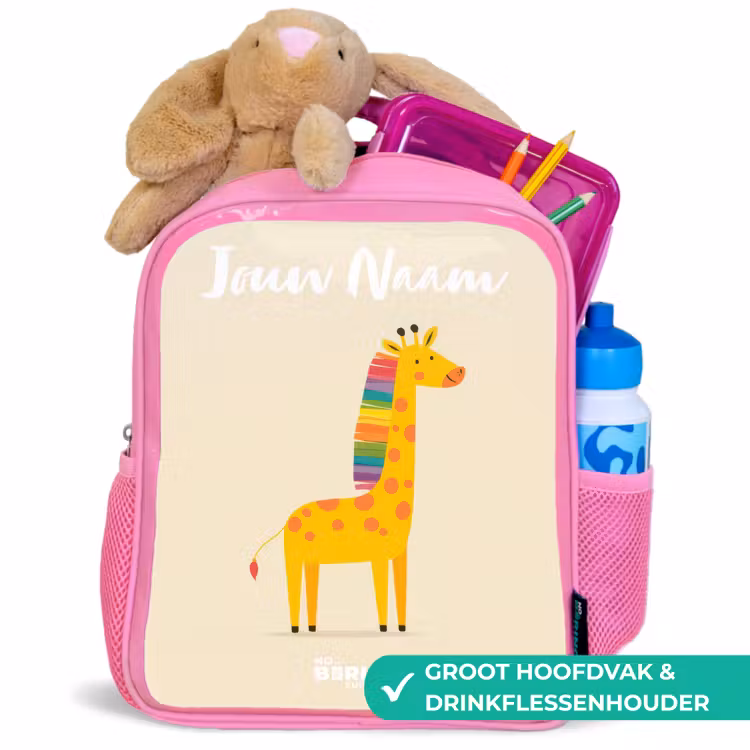 Giraffe - Dier - Kleurrijk Kinderrugzak - Roze middel -inhoud_NL