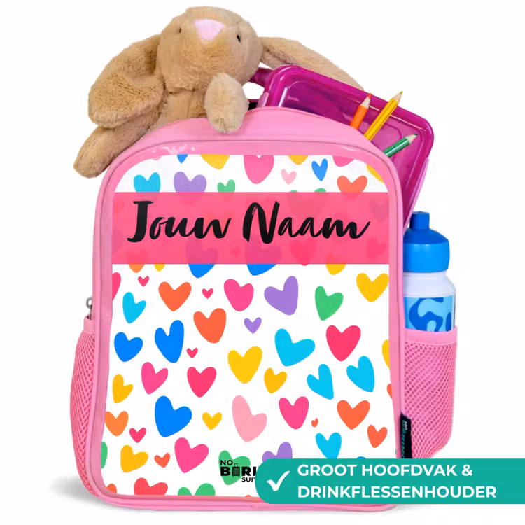 Hartjes - Kleurrijk - Patroon Kinderrugzak - Roze middel -inhoud_NL