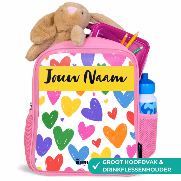 Hartjes - Patroon - Kleurrijk Kinderrugzak - Roze middel -inhoud_NL