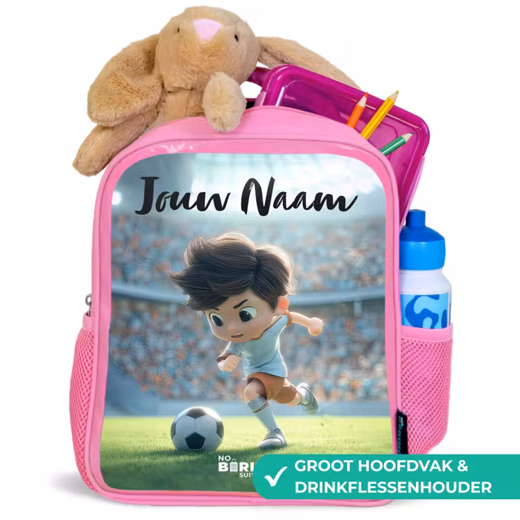 Jongen - Voetbal - Stadion - Zonlicht Kinderrugzak - Roze middel -inhoud_NL